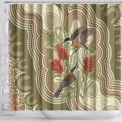 Australia Eastern Spinebill Shower Curtain Aussie Honeyeater Bottlebrush Indigenous Art - Aussie Hoodie