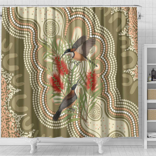 Australia Eastern Spinebill Shower Curtain Aussie Honeyeater Bottlebrush Indigenous Art - Aussie Hoodie