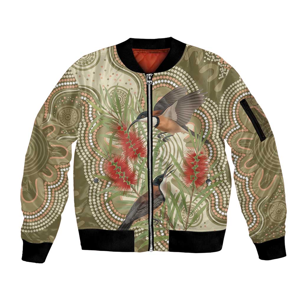 Australia Eastern Spinebill Sleeve Zip Bomber Jacket Aussie Honeyeater Bottlebrush Indigenous Art - Aussie Hoodie