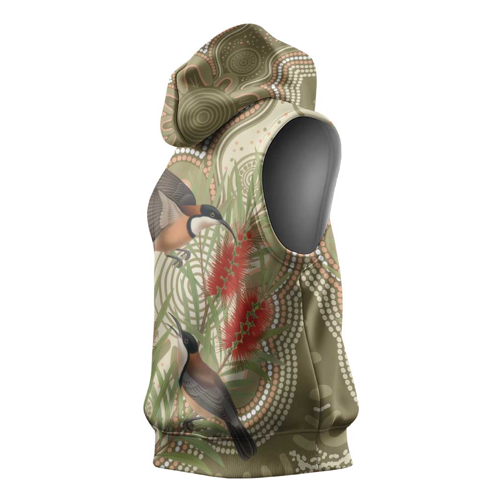 Australia Eastern Spinebill Sleeveless Hoodie Aussie Honeyeater Bottlebrush Indigenous Art - Aussie Hoodie