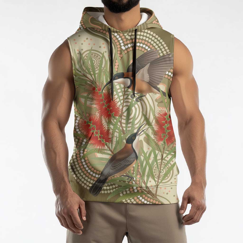 Australia Eastern Spinebill Sleeveless Hoodie Aussie Honeyeater Bottlebrush Indigenous Art - Aussie Hoodie