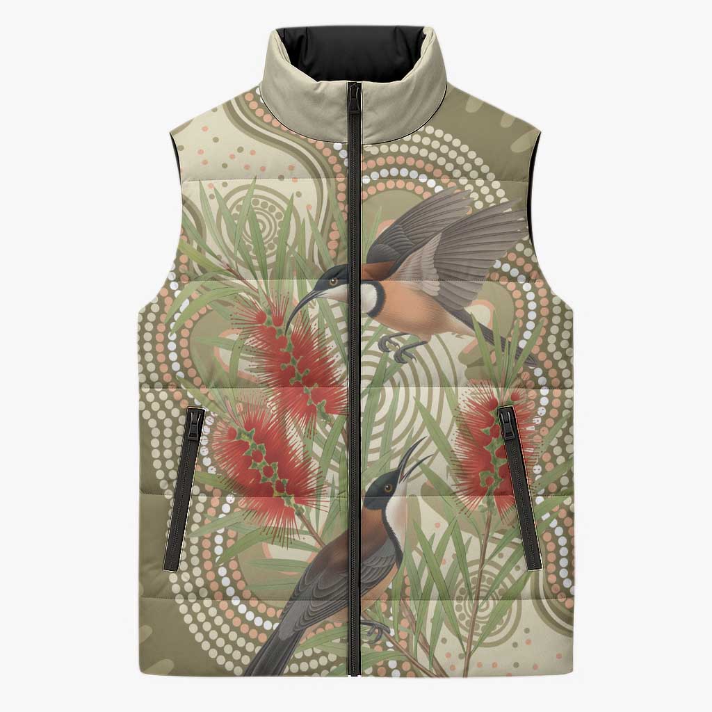 Australia Eastern Spinebill Sleeveless Puffer Jacket Aussie Honeyeater Bottlebrush Indigenous Art - Aussie Hoodie