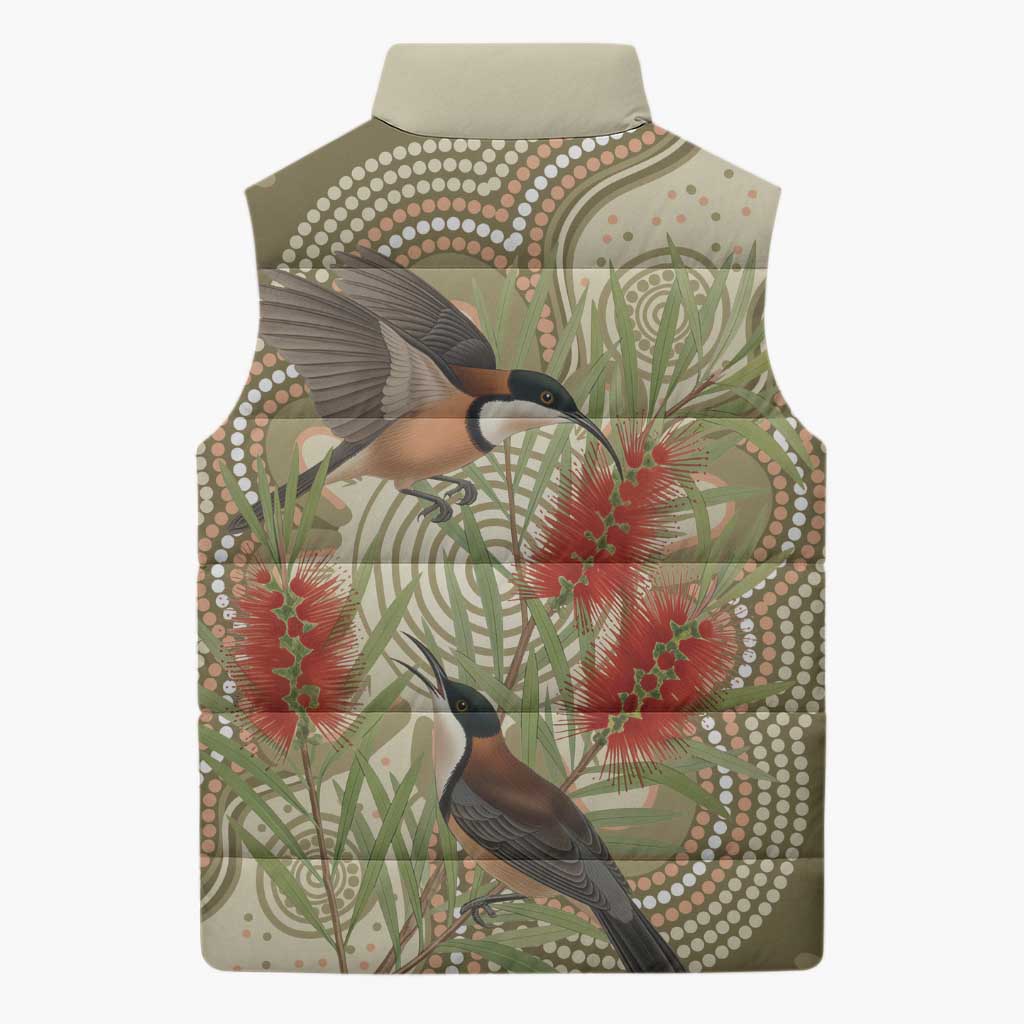 Australia Eastern Spinebill Sleeveless Puffer Jacket Aussie Honeyeater Bottlebrush Indigenous Art - Aussie Hoodie