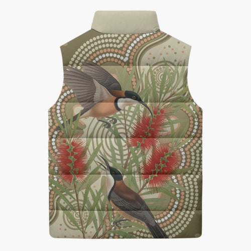 Australia Eastern Spinebill Sleeveless Puffer Jacket Aussie Honeyeater Bottlebrush Indigenous Art - Aussie Hoodie