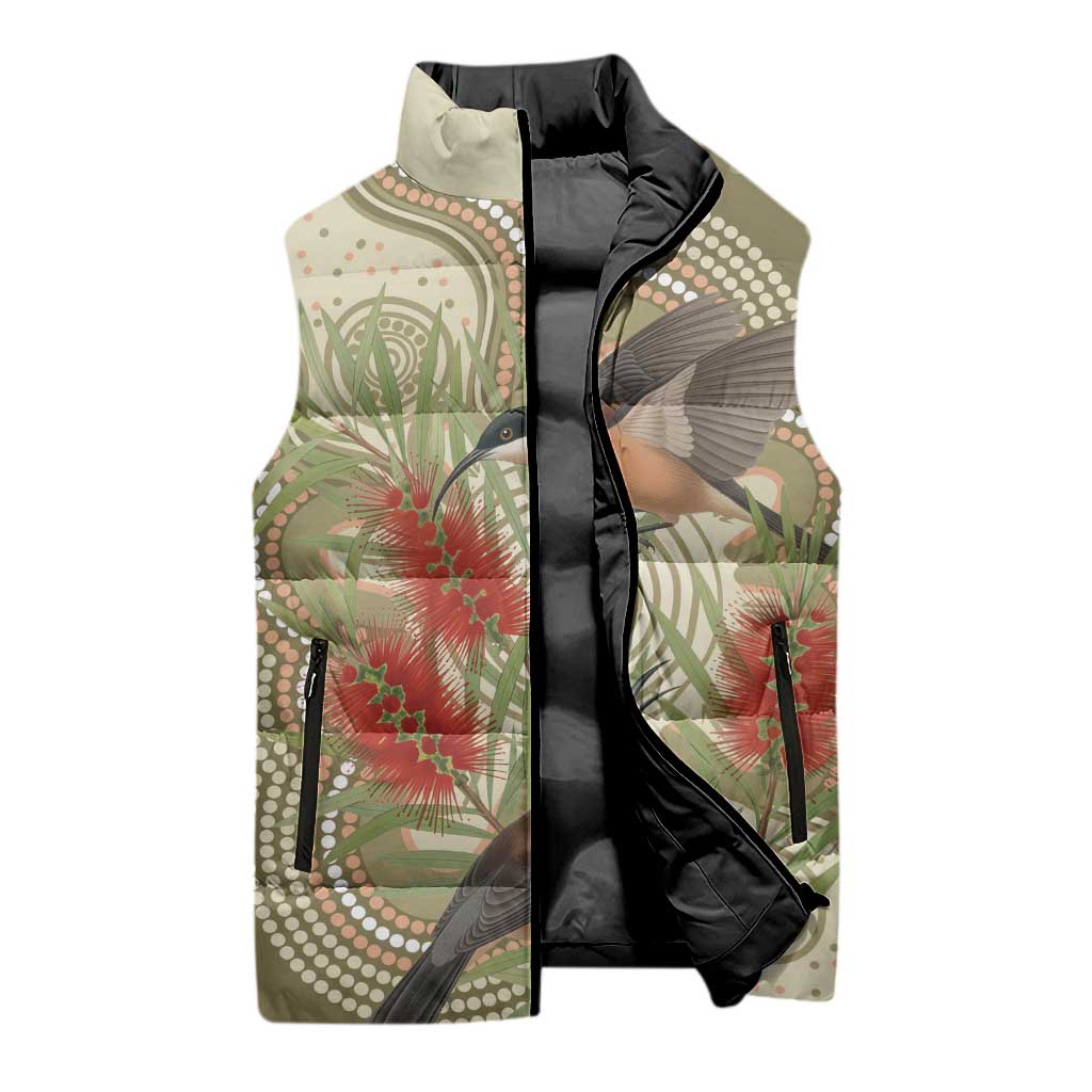 Australia Eastern Spinebill Sleeveless Puffer Jacket Aussie Honeyeater Bottlebrush Indigenous Art - Aussie Hoodie