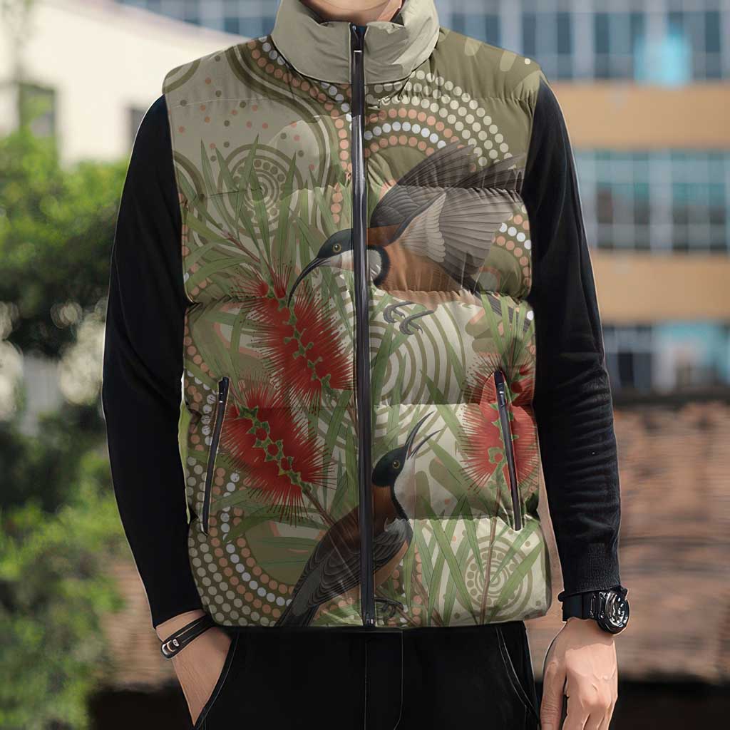 Australia Eastern Spinebill Sleeveless Puffer Jacket Aussie Honeyeater Bottlebrush Indigenous Art - Aussie Hoodie