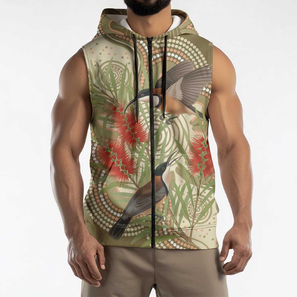 Australia Eastern Spinebill Sleeveless Zip Hoodie Aussie Honeyeater Bottlebrush Indigenous Art - Aussie Hoodie