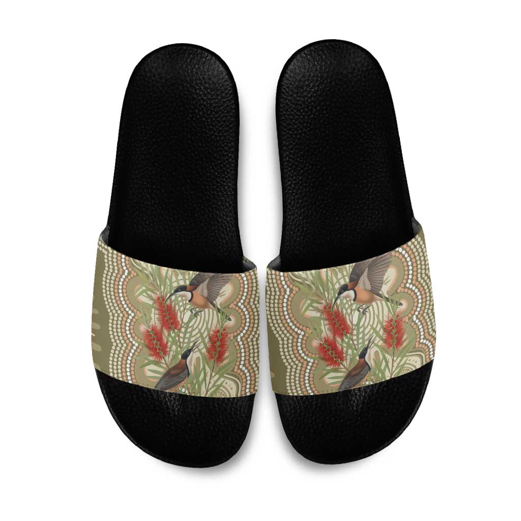 Australia Eastern Spinebill Slide Sandals Aussie Honeyeater Bottlebrush Indigenous Art - Aussie Hoodie