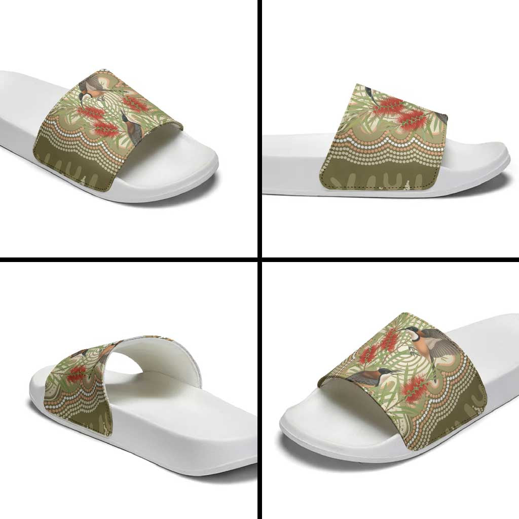 Australia Eastern Spinebill Slide Sandals Aussie Honeyeater Bottlebrush Indigenous Art - Aussie Hoodie