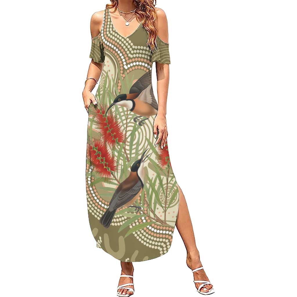 Australia Eastern Spinebill Summer Maxi Dress Aussie Honeyeater Bottlebrush Indigenous Art - Aussie Hoodie