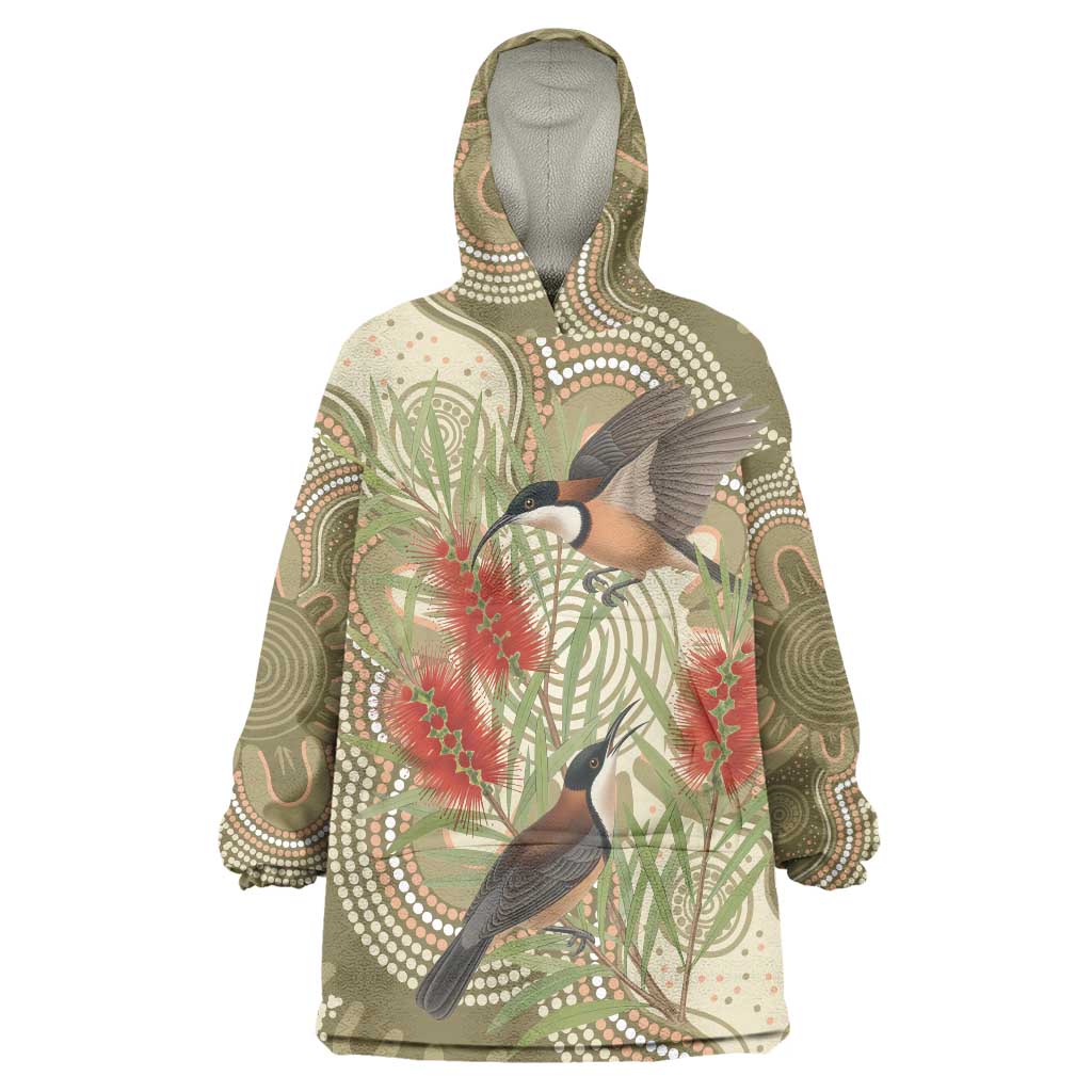 Australia Eastern Spinebill Wearable Blanket Hoodie Aussie Honeyeater Bottlebrush Indigenous Art - Aussie Hoodie