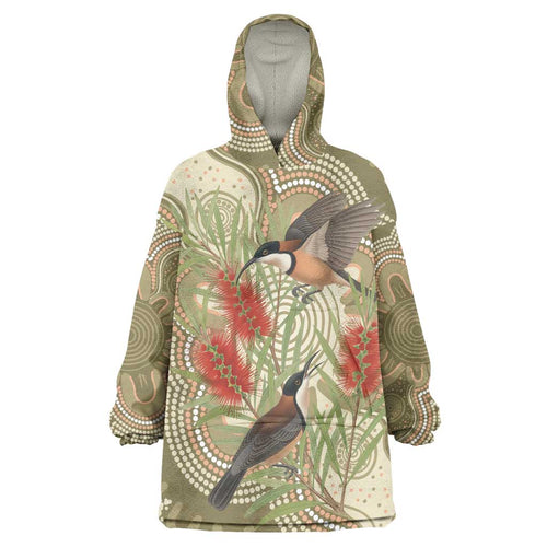Australia Eastern Spinebill Wearable Blanket Hoodie Aussie Honeyeater Bottlebrush Indigenous Art - Aussie Hoodie