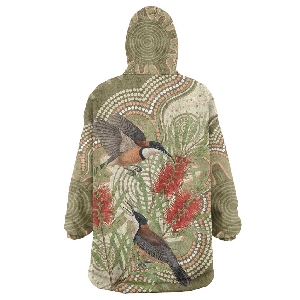 Australia Eastern Spinebill Wearable Blanket Hoodie Aussie Honeyeater Bottlebrush Indigenous Art - Aussie Hoodie
