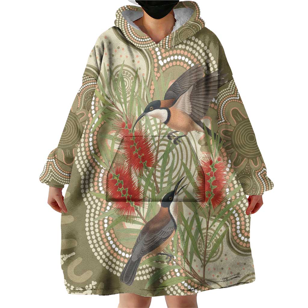 Australia Eastern Spinebill Wearable Blanket Hoodie Aussie Honeyeater Bottlebrush Indigenous Art - Aussie Hoodie
