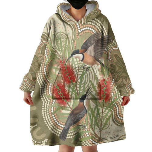 Australia Eastern Spinebill Wearable Blanket Hoodie Aussie Honeyeater Bottlebrush Indigenous Art - Aussie Hoodie