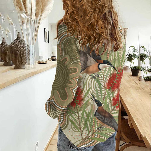 Australia Eastern Spinebill Women Casual Shirt Aussie Honeyeater Bottlebrush Indigenous Art - Aussie Hoodie