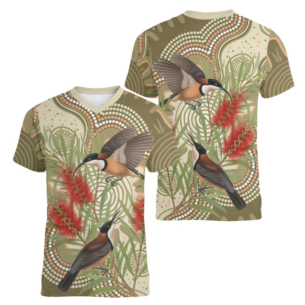 Australia Eastern Spinebill Women V-Neck T-Shirt Aussie Honeyeater Bottlebrush Indigenous Art - Aussie Hoodie