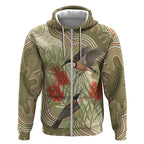 Australia Eastern Spinebill Zip Hoodie Aussie Honeyeater Bottlebrush Indigenous Art - Aussie Hoodie