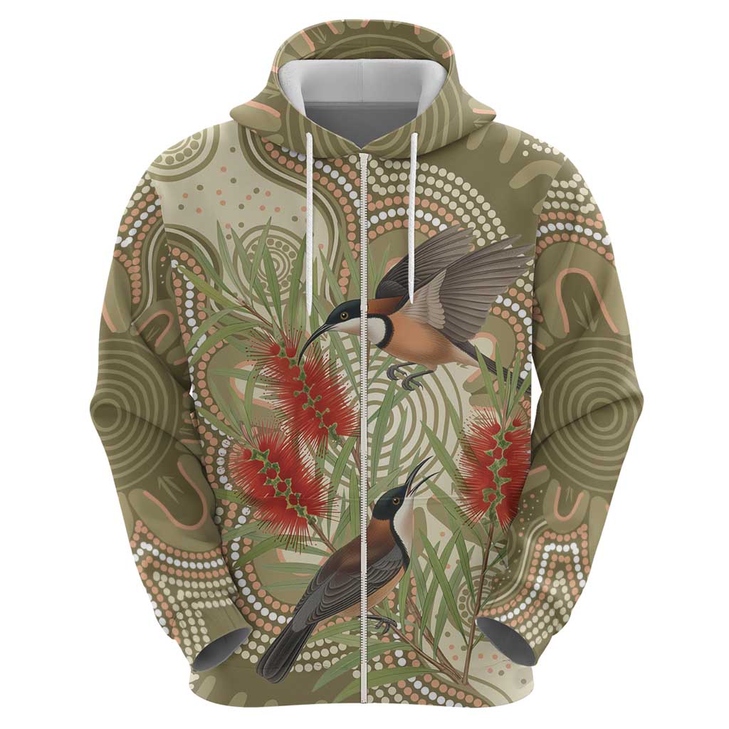 Australia Eastern Spinebill Zip Hoodie Aussie Honeyeater Bottlebrush Indigenous Art - Aussie Hoodie