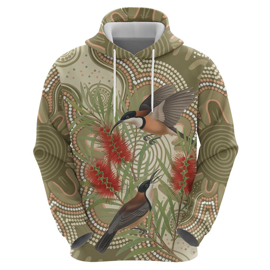 Australia Eastern Spinebill Zip Hoodie Aussie Honeyeater Bottlebrush Indigenous Art - Aussie Hoodie