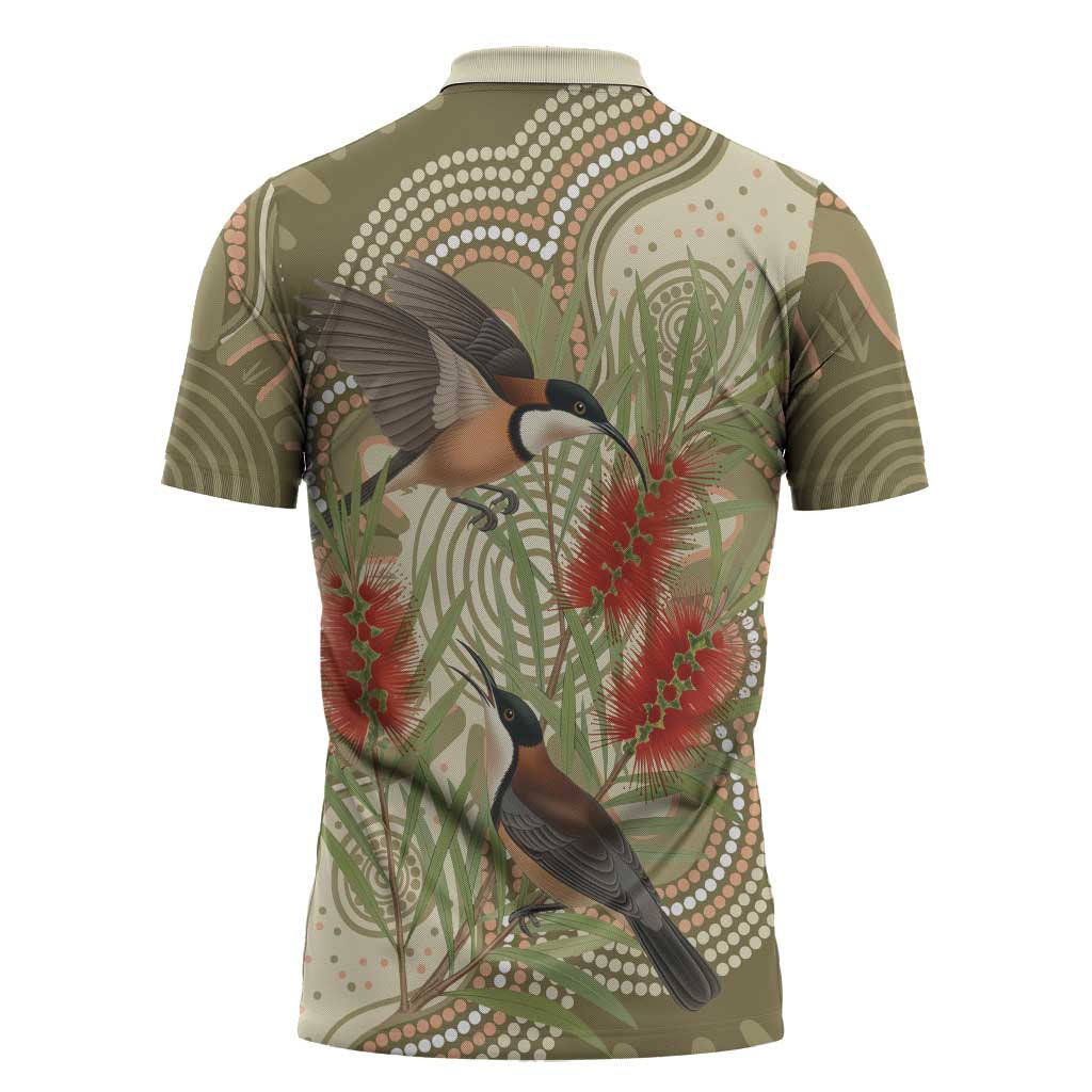 Australia Eastern Spinebill Zipper Polo Shirt Aussie Honeyeater Bottlebrush Indigenous Art - Aussie Hoodie