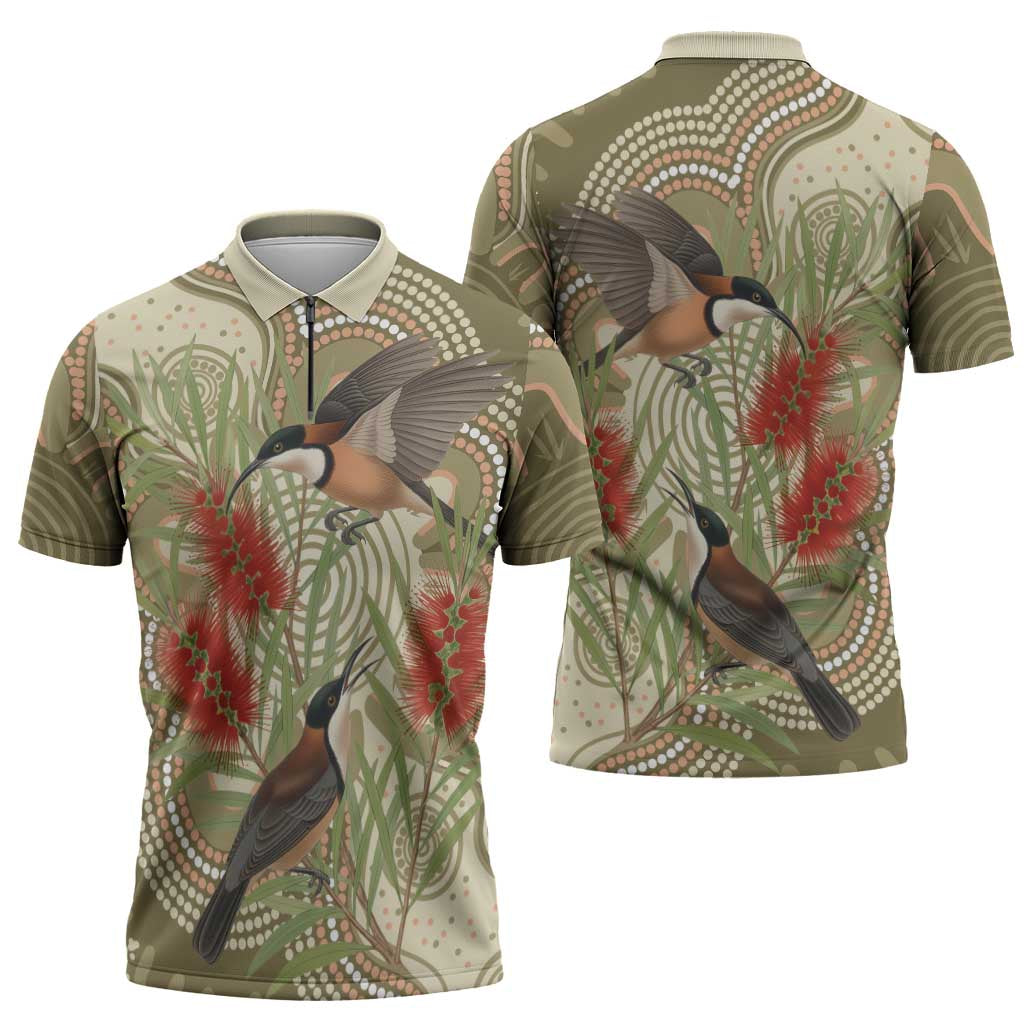 Australia Eastern Spinebill Zipper Polo Shirt Aussie Honeyeater Bottlebrush Indigenous Art - Aussie Hoodie