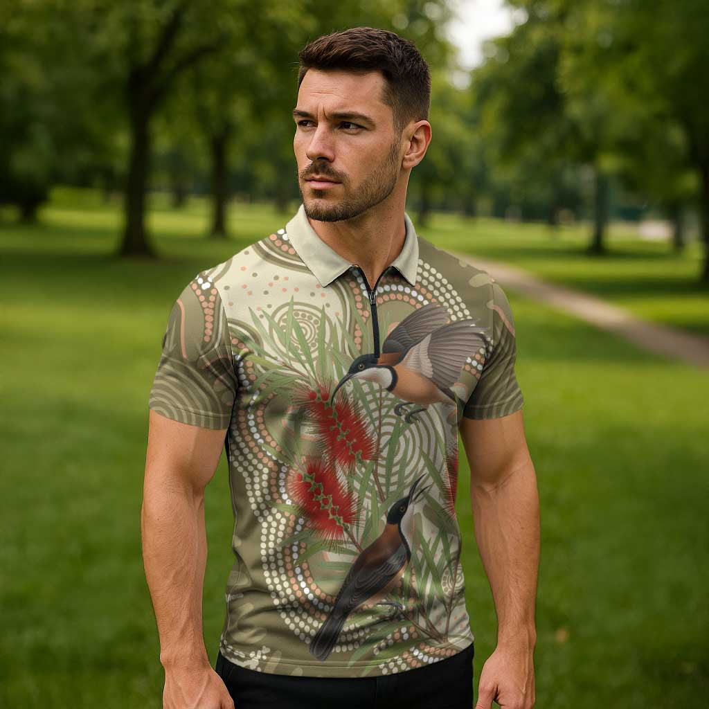 Australia Eastern Spinebill Zipper Polo Shirt Aussie Honeyeater Bottlebrush Indigenous Art - Aussie Hoodie