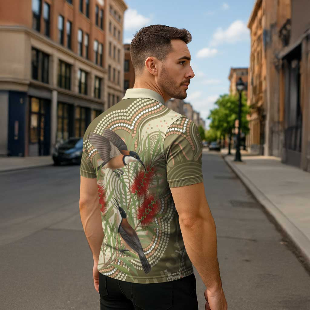Australia Eastern Spinebill Zipper Polo Shirt Aussie Honeyeater Bottlebrush Indigenous Art - Aussie Hoodie