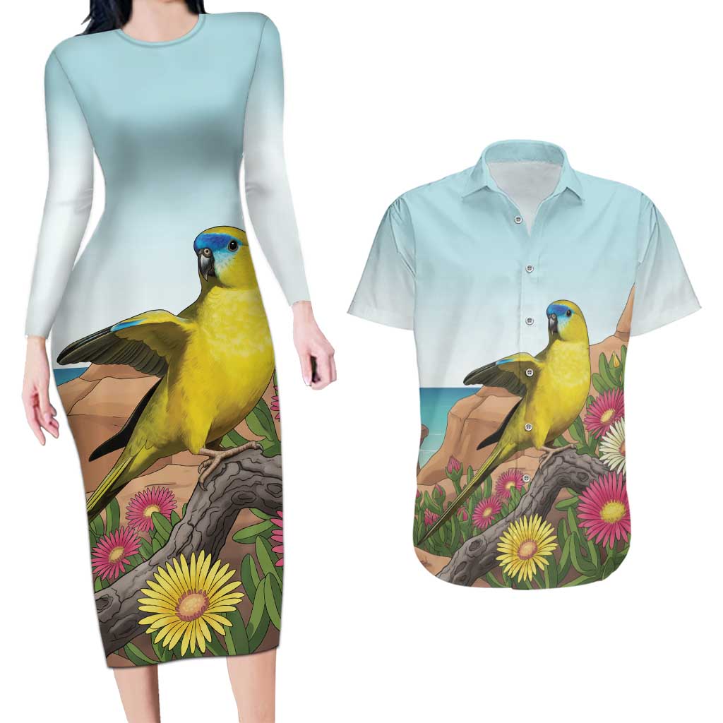 Australia Rock Parrot Couples Matching Long Sleeve Bodycon Dress and Hawaiian Shirt Pigface Carpobrotus Rocky Island Vibes - Aussie Hoodie