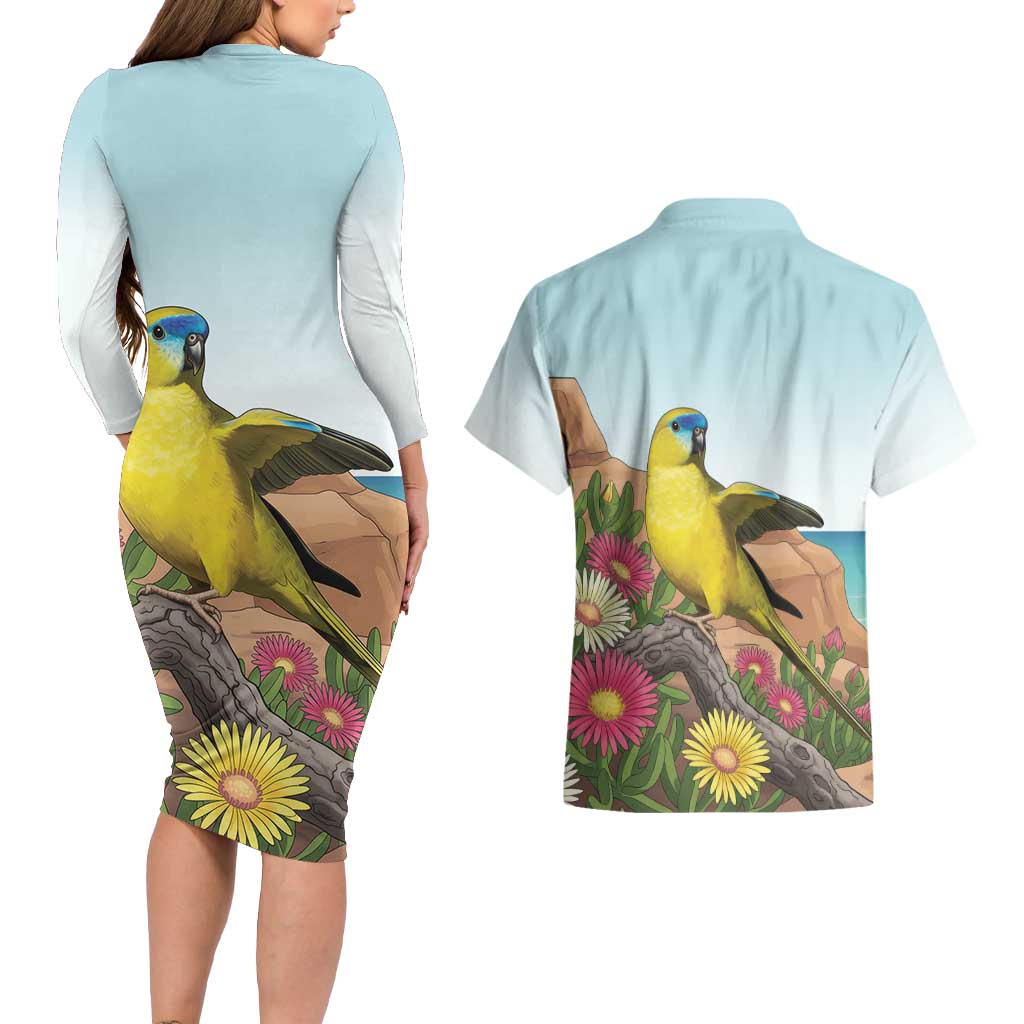 Australia Rock Parrot Couples Matching Long Sleeve Bodycon Dress and Hawaiian Shirt Pigface Carpobrotus Rocky Island Vibes - Aussie Hoodie