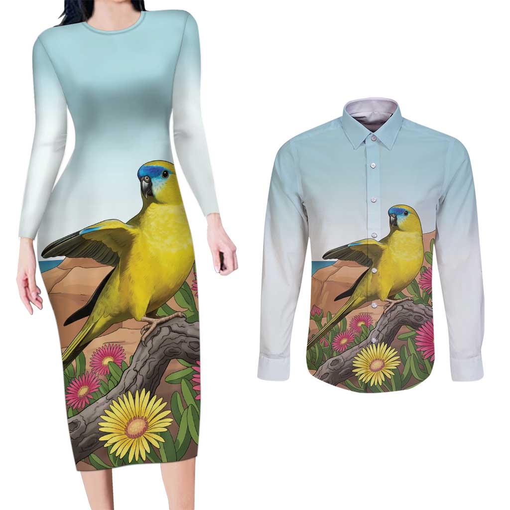 Australia Rock Parrot Couples Matching Long Sleeve Bodycon Dress and Long Sleeve Button Shirt Pigface Carpobrotus Rocky Island Vibes - Aussie Hoodie