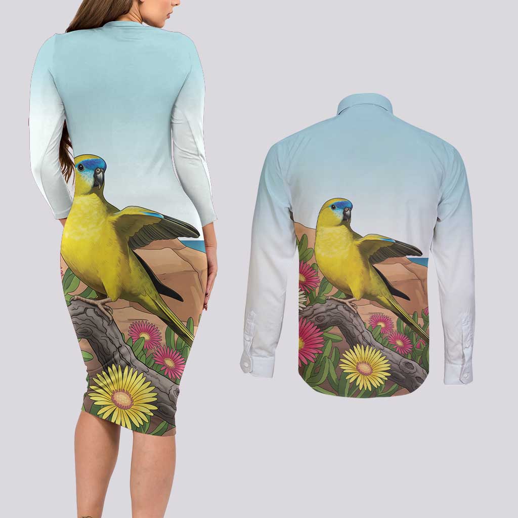 Australia Rock Parrot Couples Matching Long Sleeve Bodycon Dress and Long Sleeve Button Shirt Pigface Carpobrotus Rocky Island Vibes - Aussie Hoodie