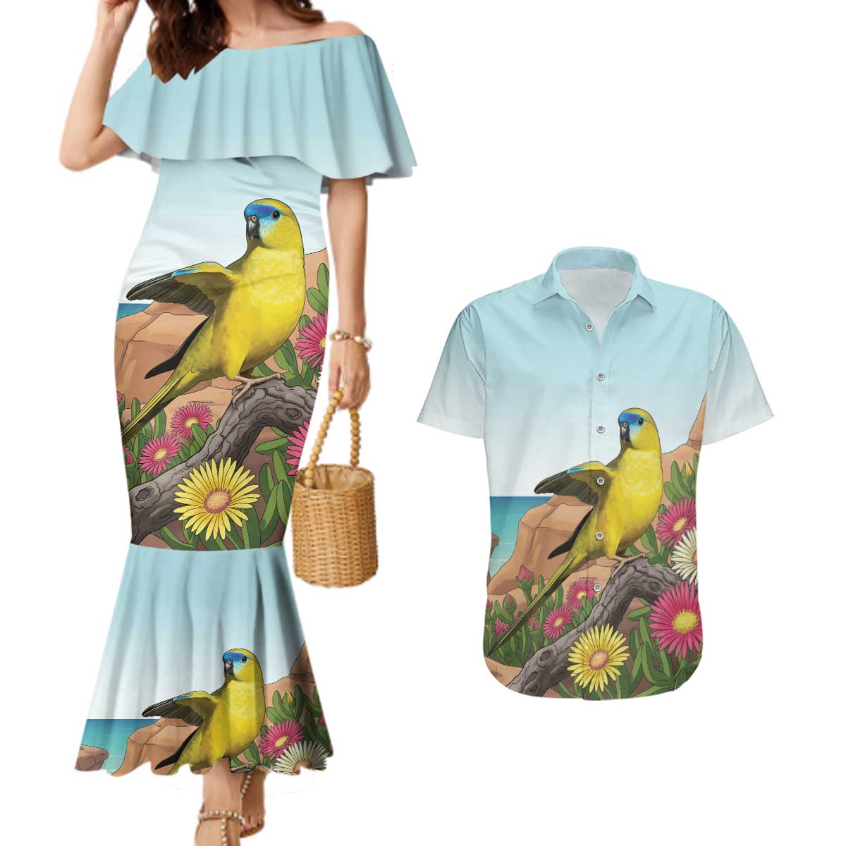 Australia Rock Parrot Couples Matching Mermaid Dress and Hawaiian Shirt Pigface Carpobrotus Rocky Island Vibes - Aussie Hoodie