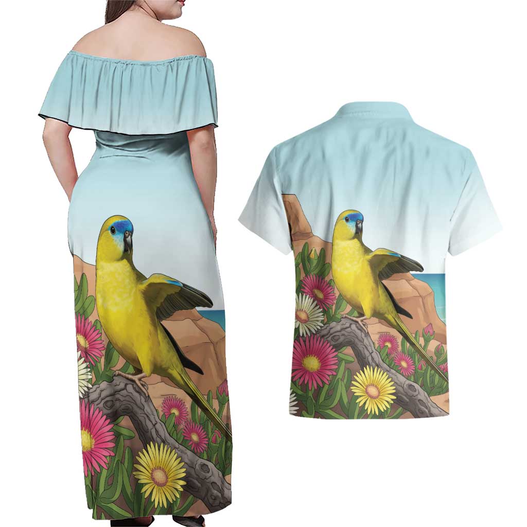 Australia Rock Parrot Couples Matching Off Shoulder Maxi Dress and Hawaiian Shirt Pigface Carpobrotus Rocky Island Vibes - Aussie Hoodie