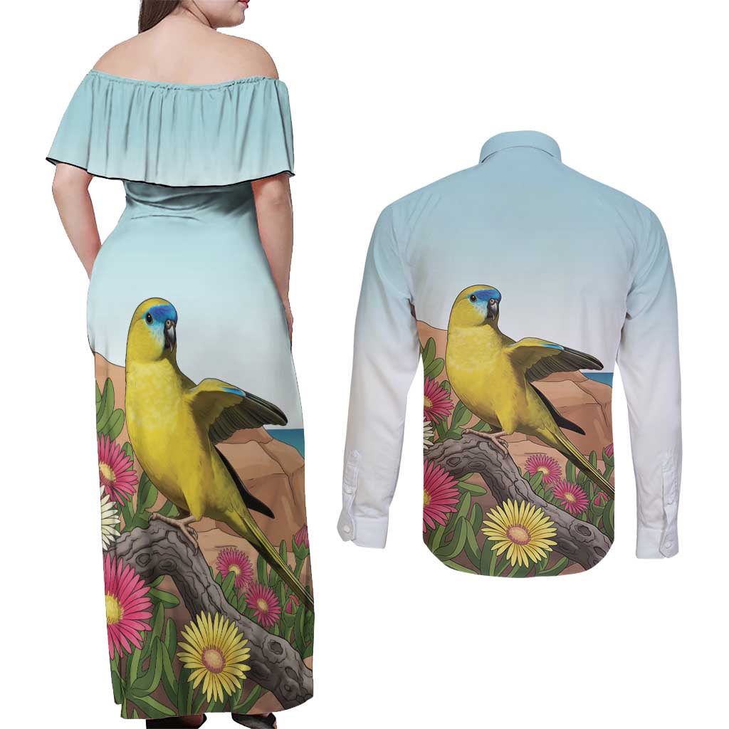 Australia Rock Parrot Couples Matching Off Shoulder Maxi Dress and Long Sleeve Button Shirt Pigface Carpobrotus Rocky Island Vibes - Aussie Hoodie