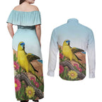 Australia Rock Parrot Couples Matching Off Shoulder Maxi Dress and Long Sleeve Button Shirt Pigface Carpobrotus Rocky Island Vibes - Aussie Hoodie