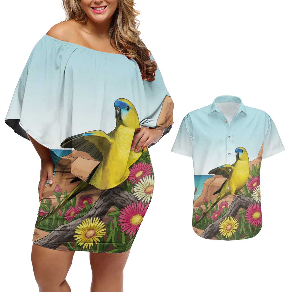 Australia Rock Parrot Couples Matching Off Shoulder Short Dress and Hawaiian Shirt Pigface Carpobrotus Rocky Island Vibes - Aussie Hoodie