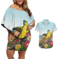 Australia Rock Parrot Couples Matching Off Shoulder Short Dress and Hawaiian Shirt Pigface Carpobrotus Rocky Island Vibes - Aussie Hoodie