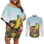 Australia Rock Parrot Couples Matching Off Shoulder Short Dress and Long Sleeve Button Shirt Pigface Carpobrotus Rocky Island Vibes - Aussie Hoodie