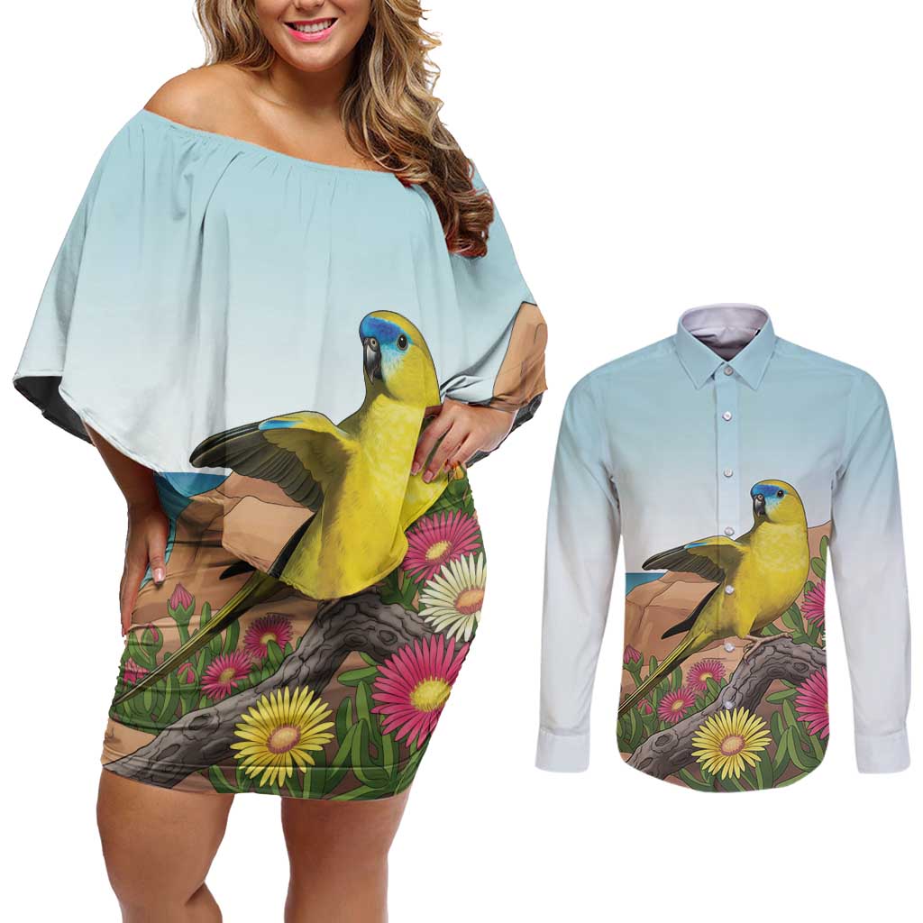 Australia Rock Parrot Couples Matching Off Shoulder Short Dress and Long Sleeve Button Shirt Pigface Carpobrotus Rocky Island Vibes - Aussie Hoodie
