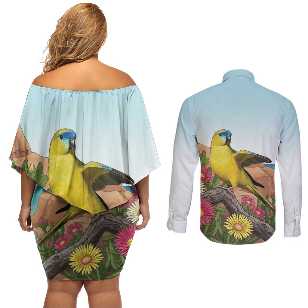 Australia Rock Parrot Couples Matching Off Shoulder Short Dress and Long Sleeve Button Shirt Pigface Carpobrotus Rocky Island Vibes - Aussie Hoodie