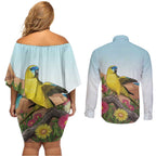 Australia Rock Parrot Couples Matching Off Shoulder Short Dress and Long Sleeve Button Shirt Pigface Carpobrotus Rocky Island Vibes - Aussie Hoodie