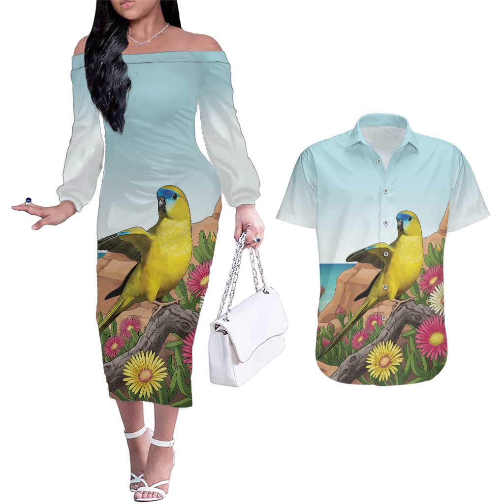 Australia Rock Parrot Couples Matching Off The Shoulder Long Sleeve Dress and Hawaiian Shirt Pigface Carpobrotus Rocky Island Vibes - Aussie Hoodie