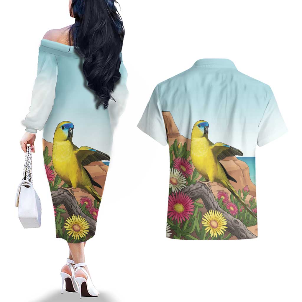 Australia Rock Parrot Couples Matching Off The Shoulder Long Sleeve Dress and Hawaiian Shirt Pigface Carpobrotus Rocky Island Vibes - Aussie Hoodie