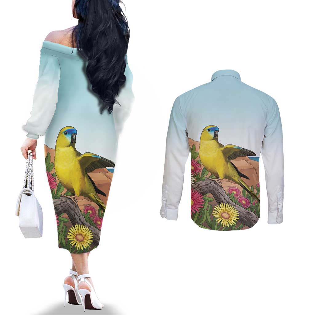 Australia Rock Parrot Couples Matching Off The Shoulder Long Sleeve Dress and Long Sleeve Button Shirt Pigface Carpobrotus Rocky Island Vibes - Aussie Hoodie