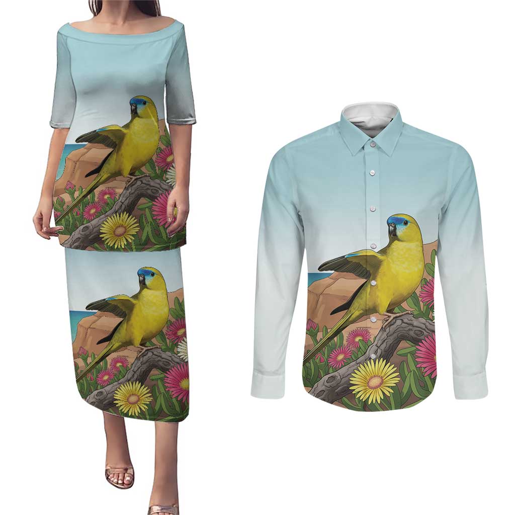 Australia Rock Parrot Couples Matching Puletasi and Long Sleeve Button Shirt Pigface Carpobrotus Rocky Island Vibes - Aussie Hoodie