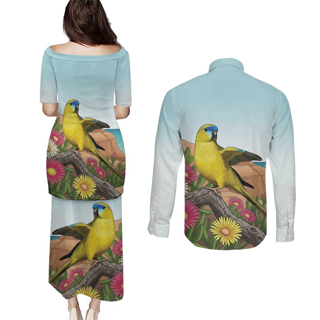 Australia Rock Parrot Couples Matching Puletasi and Long Sleeve Button Shirt Pigface Carpobrotus Rocky Island Vibes - Aussie Hoodie