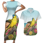 Australia Rock Parrot Couples Matching Short Sleeve Bodycon Dress and Hawaiian Shirt Pigface Carpobrotus Rocky Island Vibes - Aussie Hoodie