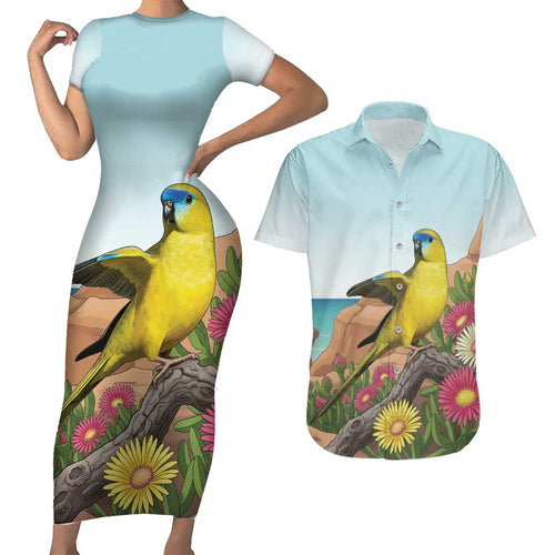 Australia Rock Parrot Couples Matching Short Sleeve Bodycon Dress and Hawaiian Shirt Pigface Carpobrotus Rocky Island Vibes - Aussie Hoodie
