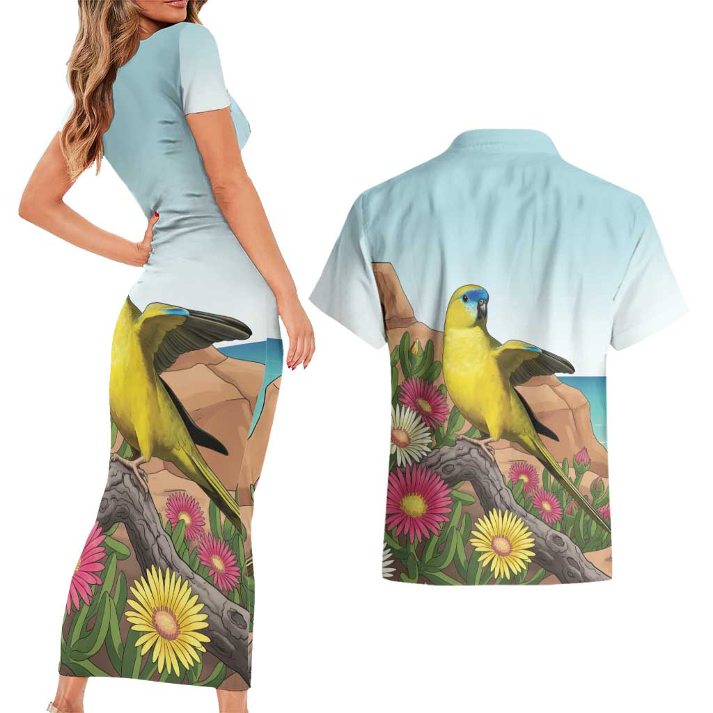 Australia Rock Parrot Couples Matching Short Sleeve Bodycon Dress and Hawaiian Shirt Pigface Carpobrotus Rocky Island Vibes - Aussie Hoodie